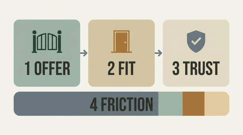 Diagram of four checks a candidate runs on a clinic: offer, fit and trust in a row, with friction running underneath all three